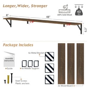 Forbena Large Floating Shelves for Wall 48 Inches Long Set of 3, Rustic Wood Wall Bookshelf for Bedroom Books, Wooden Wall Shelves for Living Room Laundry Closet Kitchen Storage (Dark Brown)