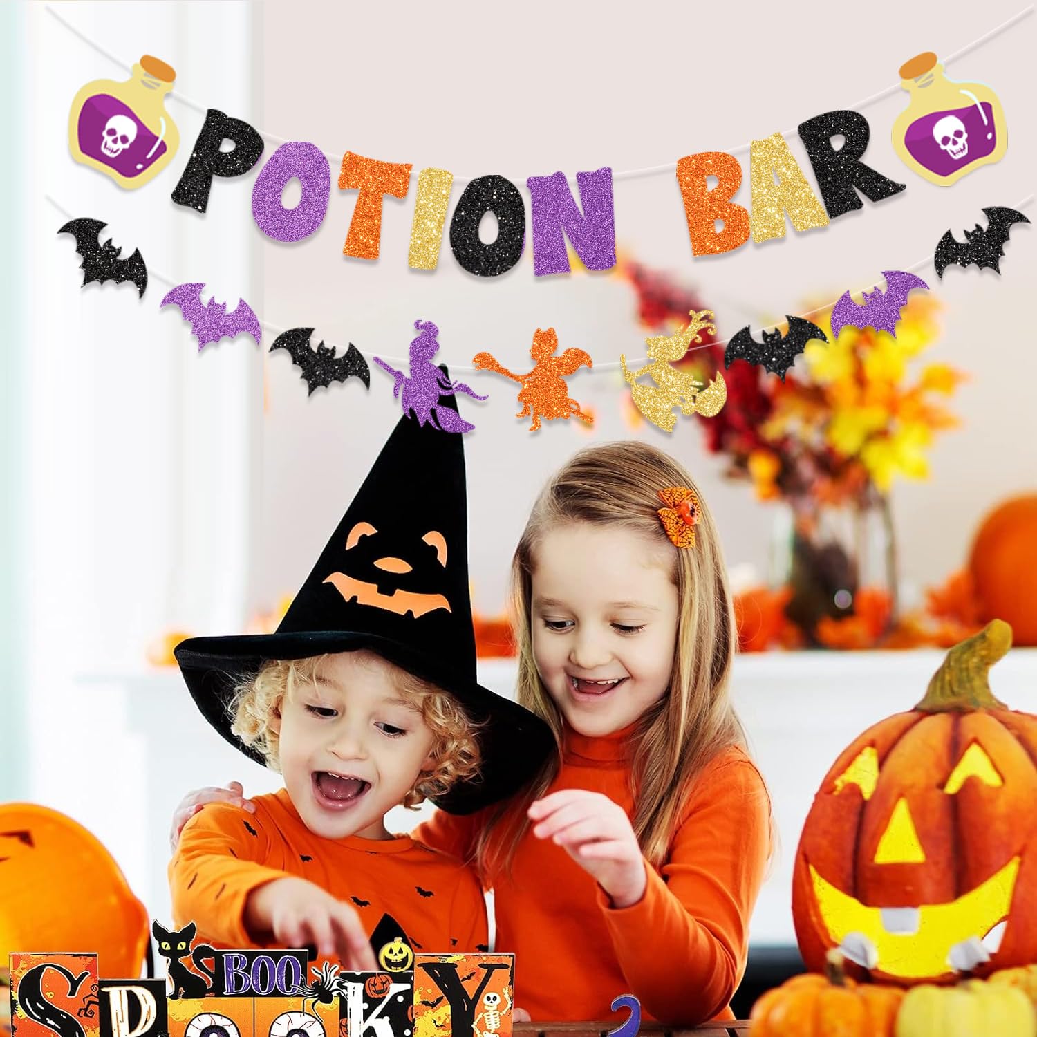 FHGG Glitter Potion Bar Halloween Banner Decor with Potion Signs Hocus Pocus Banner Witch Party Decorations Potion Halloween Decor for Haunted House, Bat Decorations, Halloween Mantle Home Decor