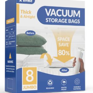 8 Pack Jumbo Vacuum Storage Bags, 80% Space Saver Vacuum Seal Bags for Clothing Bedding, Blankets, Comforters, Duvets, Quilts, and Pillows, Vacuum Compression Bags with Travel Hand Pump