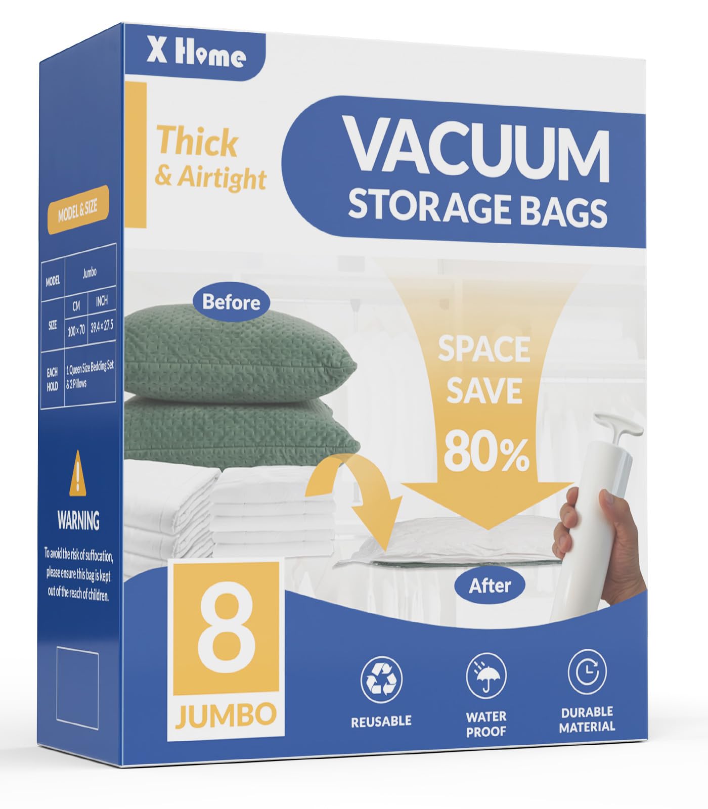 8 Pack Jumbo Vacuum Storage Bags, 80% Space Saver Vacuum Seal Bags for Clothing Bedding, Blankets, Comforters, Duvets, Quilts, and Pillows, Vacuum Compression Bags with Travel Hand Pump