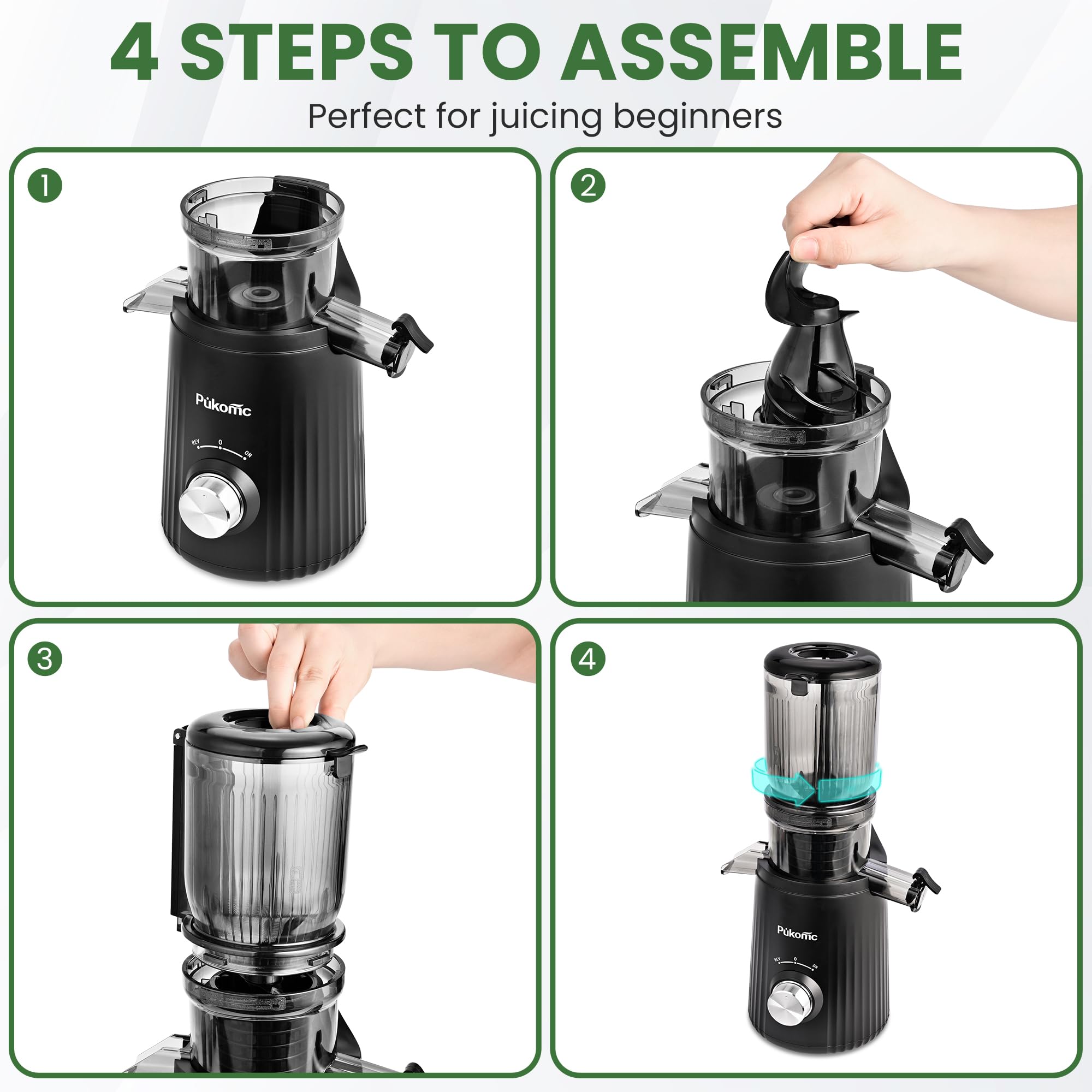 Pukomc Juicer Machines, Cold Press Juicer with 4.1'' Large Feed，Slow Masticating Machines Chute Fit Whole Vegetable And Fruit，High Juice Yield Juicer Easy to Clean