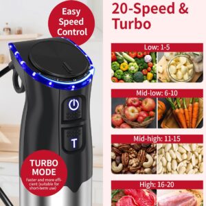 Electric Immersion Blender Handheld 1200W, 5-in-1 Hand Blender Mixer for Kitchen with 20-Speed & Turbo Boost, 600ml Chopper, 800ml Beaker, Whisk and Milk Frother for Soup, Smoothie, Puree, Baby Food