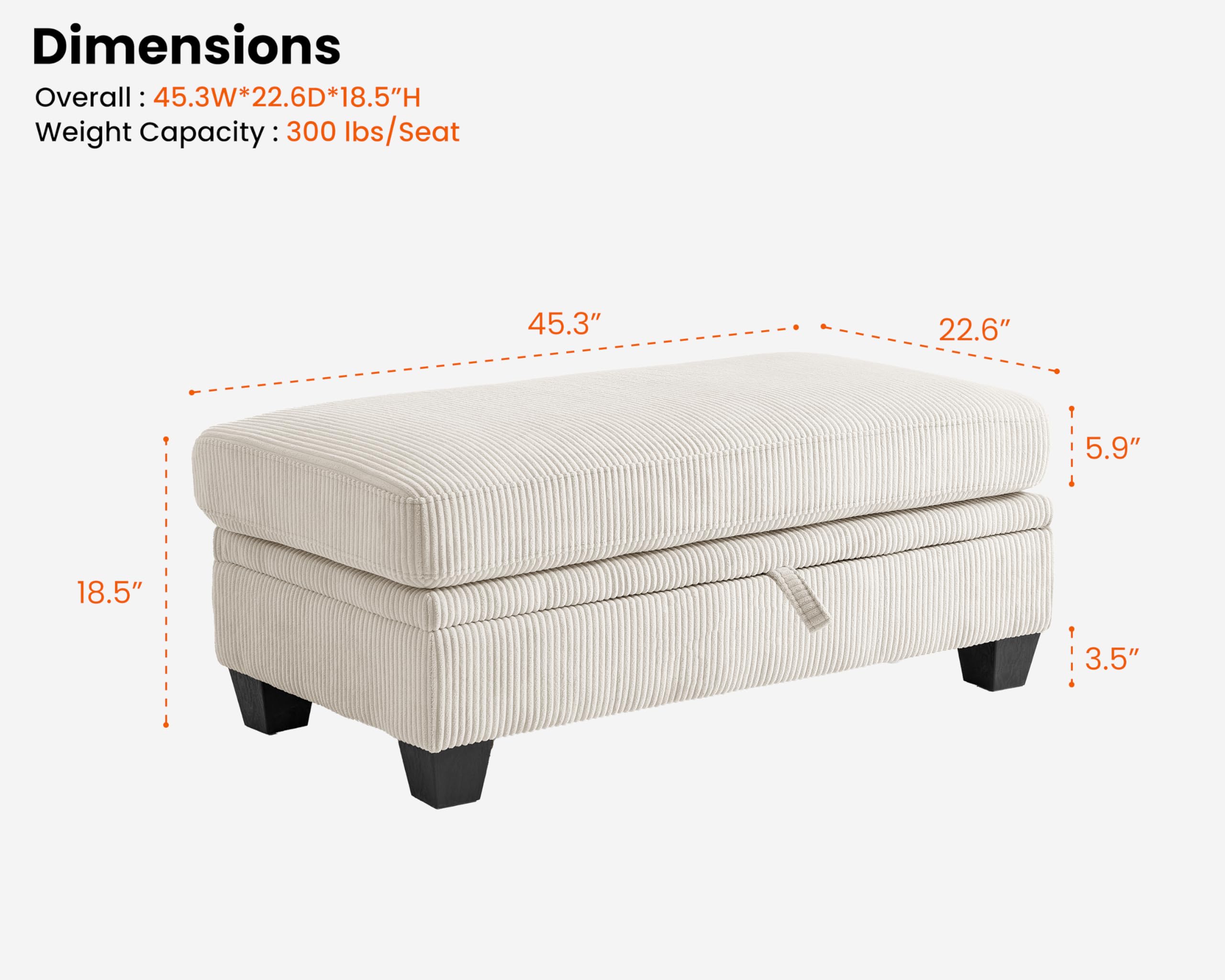 CHIC HOUSE Middle Module for Modular Couch, Corduroy Customizable Chaise, Storage Ottoman for Sectional Sofa, Armrest, Single/Double Seater