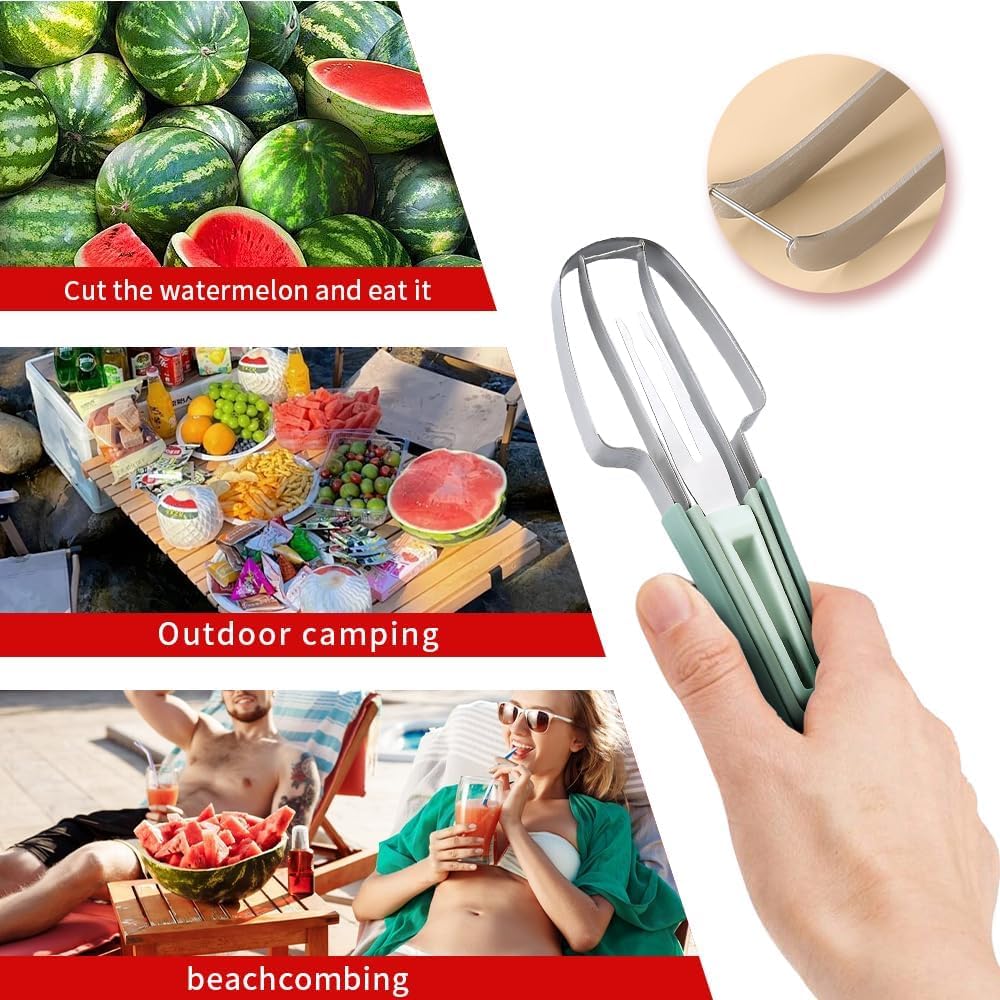 3-in-1 Watermelon Fork Cutter, 2024 New Stainless Steel Watermelon Popsicle Cutter Cutting Tool, Fast Watermelon Fork Fruit Cutting Tool (Green)