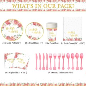 Zhehao 170 Pcs Bridal Shower Floral Party Supplies Miss to Mrs Plates and Napkins Rose and Gold Disposable Paper Tableware Set Includes Plates Cups Napkins Tablecloth for Wedding Engagement Engagement