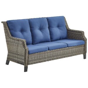 bellefurn patio sofa couch outdoor wicker sofa pe rattan 3-seat couch with curved armest water resistant cushions for garden balcony sunroom poolside, grey wicker|blue cushions, sofa(1pc)