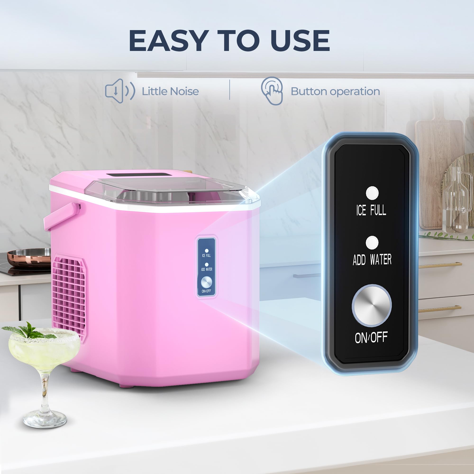 EUHOMY Ice Makers Countertop - 9 Cubes in 6 Mins, 26lbs/Day, Portable Ice Maker with Carry Handle, Self-Cleaning Ice Maker with Ice Scoop & Basket, Compact Ice Maker for Home/Kitchen/Office/RV.(Pink)