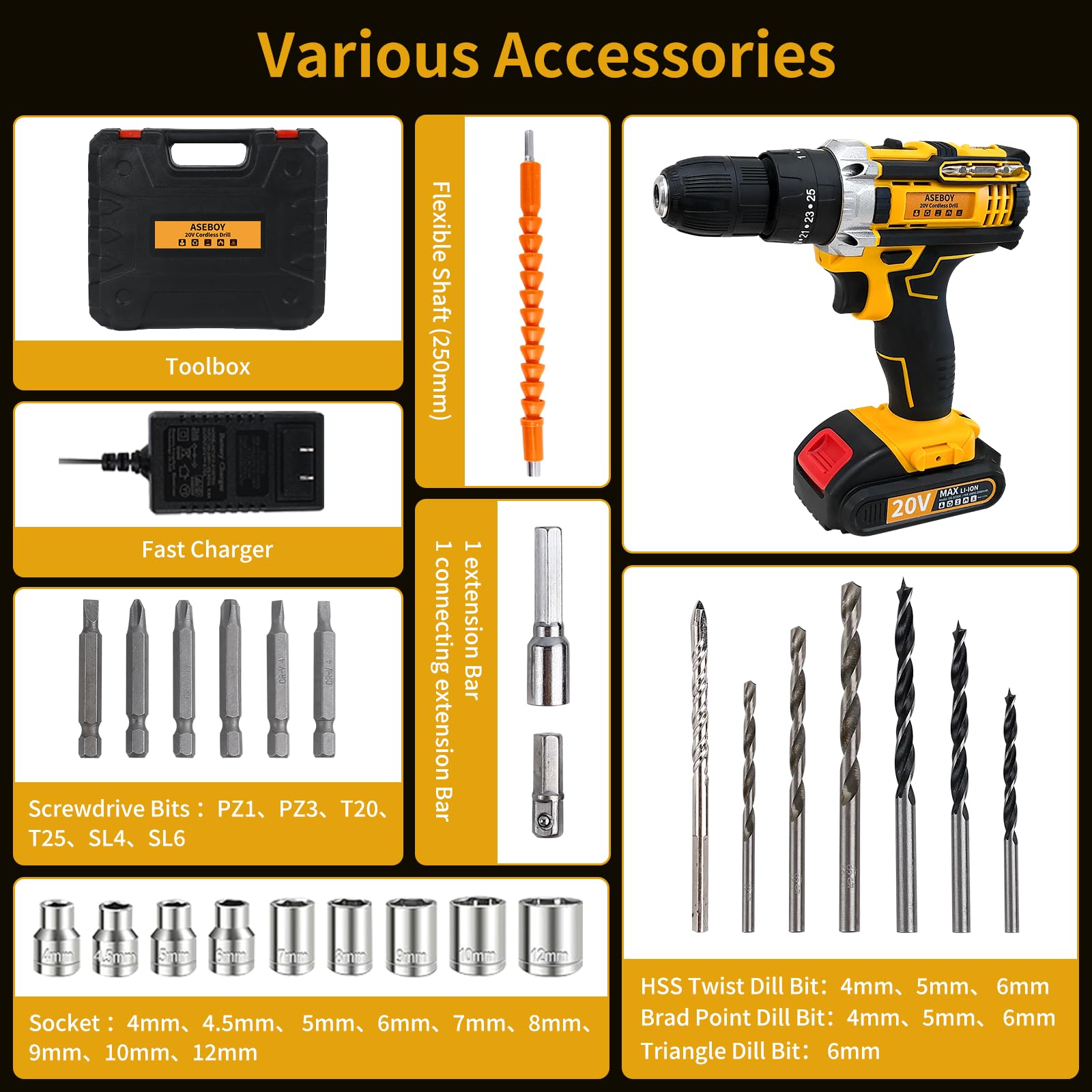 Aseboy Cordless Drill with Battery and Charger, Power Drill Cordless, Electric drill Set with 3/8 Keyless Chuck, 25+3 Torque Settings for Screwdriving, Drilling (1Battery)