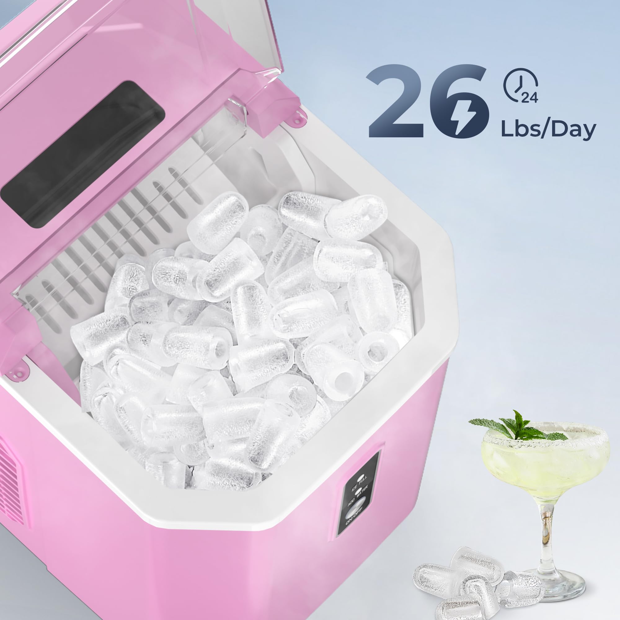 EUHOMY Ice Makers Countertop - 9 Cubes in 6 Mins, 26lbs/Day, Portable Ice Maker with Carry Handle, Self-Cleaning Ice Maker with Ice Scoop & Basket, Compact Ice Maker for Home/Kitchen/Office/RV.(Pink)