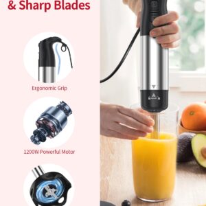 Electric Immersion Blender Handheld 1200W, 5-in-1 Hand Blender Mixer for Kitchen with 20-Speed & Turbo Boost, 600ml Chopper, 800ml Beaker, Whisk and Milk Frother for Soup, Smoothie, Puree, Baby Food