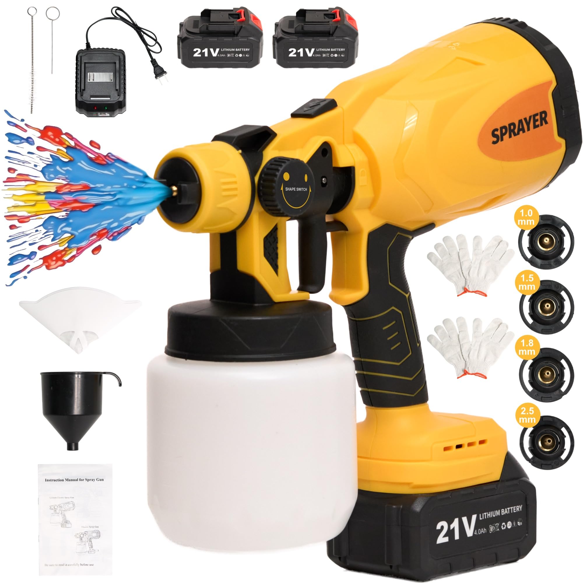 GlowSpark Cordless Paint Sprayer with 2 * 21V 4.0 AH Batteries, HVLP Paint Sprayer Gun with 4 Copper Nozzles & 3 Spray Patterns, 10 Funnel Paper for Home, Wall, Fence, Metal, Floor, DIY