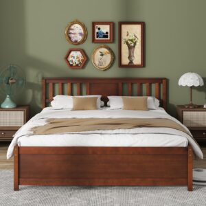 giantex queen size solid wood platform bed frame, mid century queen bed frame with headboard, wood slat support, queen panel bed, no box spring needed, easy assembly, walnut