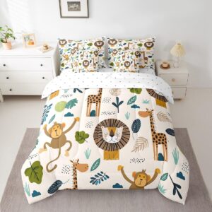 Feelyou Safari Animals 7 Piece Bedding Set Twin, Cartoon Lion Giraffe Comforter Set with Sheets Cute Monkey Bed in a Bag for Kids Nature Wildlife Bed Set