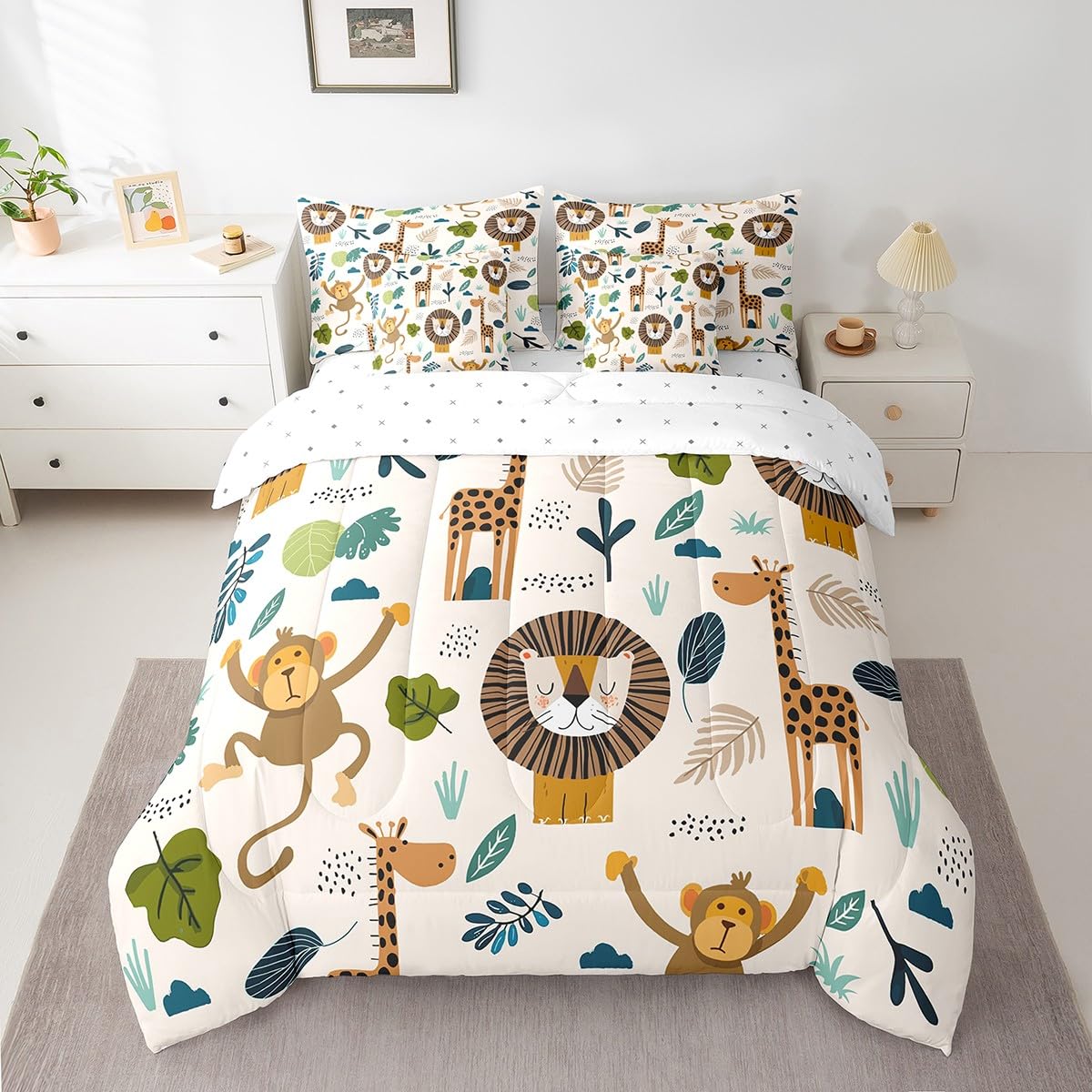 Feelyou Safari Animals 7 Piece Bedding Set Twin, Cartoon Lion Giraffe Comforter Set with Sheets Cute Monkey Bed in a Bag for Kids Nature Wildlife Bed Set