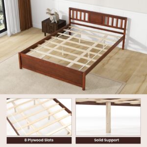 Giantex Queen Size Solid Wood Platform Bed Frame, Mid Century Queen Bed Frame with Headboard, Wood Slat Support, Queen Panel Bed, No Box Spring Needed, Easy Assembly, Walnut