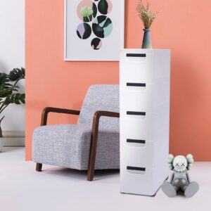 Rocoreny 5 Tiers Plastic Storage Drawer Units,Closet Organizer Stacking Vertical Freestanding Shelf Drawer Dresser With Casters For Bedroom Living Room Playroom Toys (White 7.87 * 15.75 * 33in)