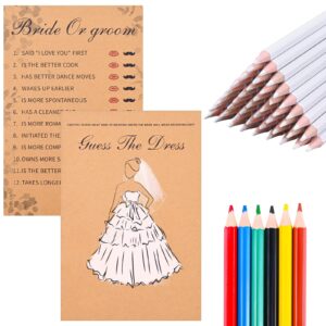 vaipi 50 sets guess the dress bridal shower game for guests, 50 wedding shower games cards & 50 white pencils & 6 colorful pencils double-sided shower game for wedding bachelorette party favor