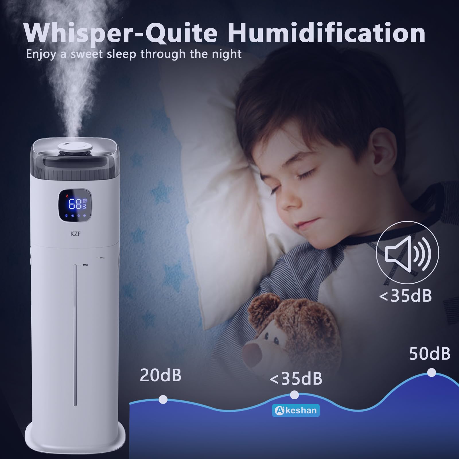 KZF Humidifier for Large Bedroom, 9L/2.5Gal Ultrasonic Cool Mist Humidifier, Easy Clean Humidifier with 350ML/H Large Mist Speed, Quiet Tower Humidifier, Suitable for Kids Room Plant Yoga (White)