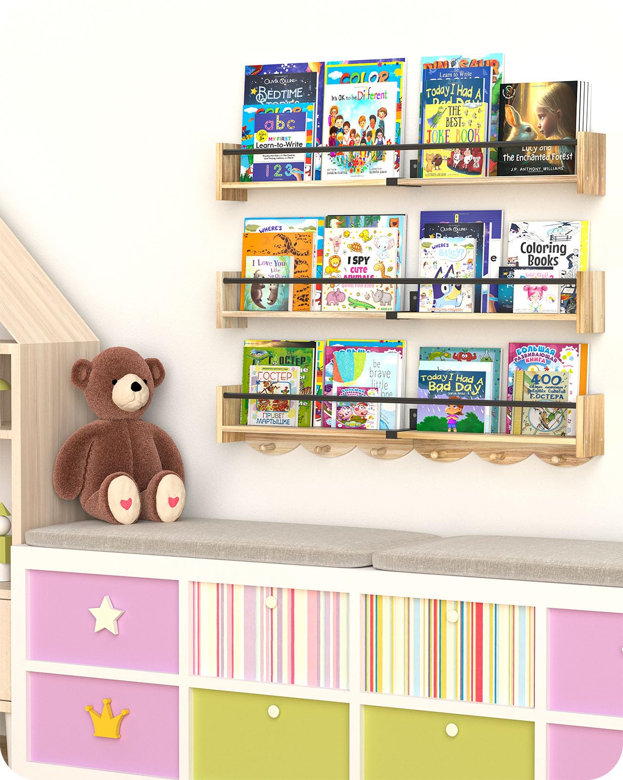 Book Shelf for Kids Rooms, Nursery Book Shelves, 33.5 inch Floating Book Shelves for Wall Set of 3 Great for Living Room, Kids Room, Bedroom.