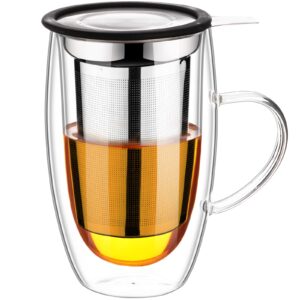 baalaka double wall glass tea cup with stainless steel infuser and lid, 16oz borosilicate glass tea mug, tea infuser for loose leaf tea, tea gifts for tea lovers