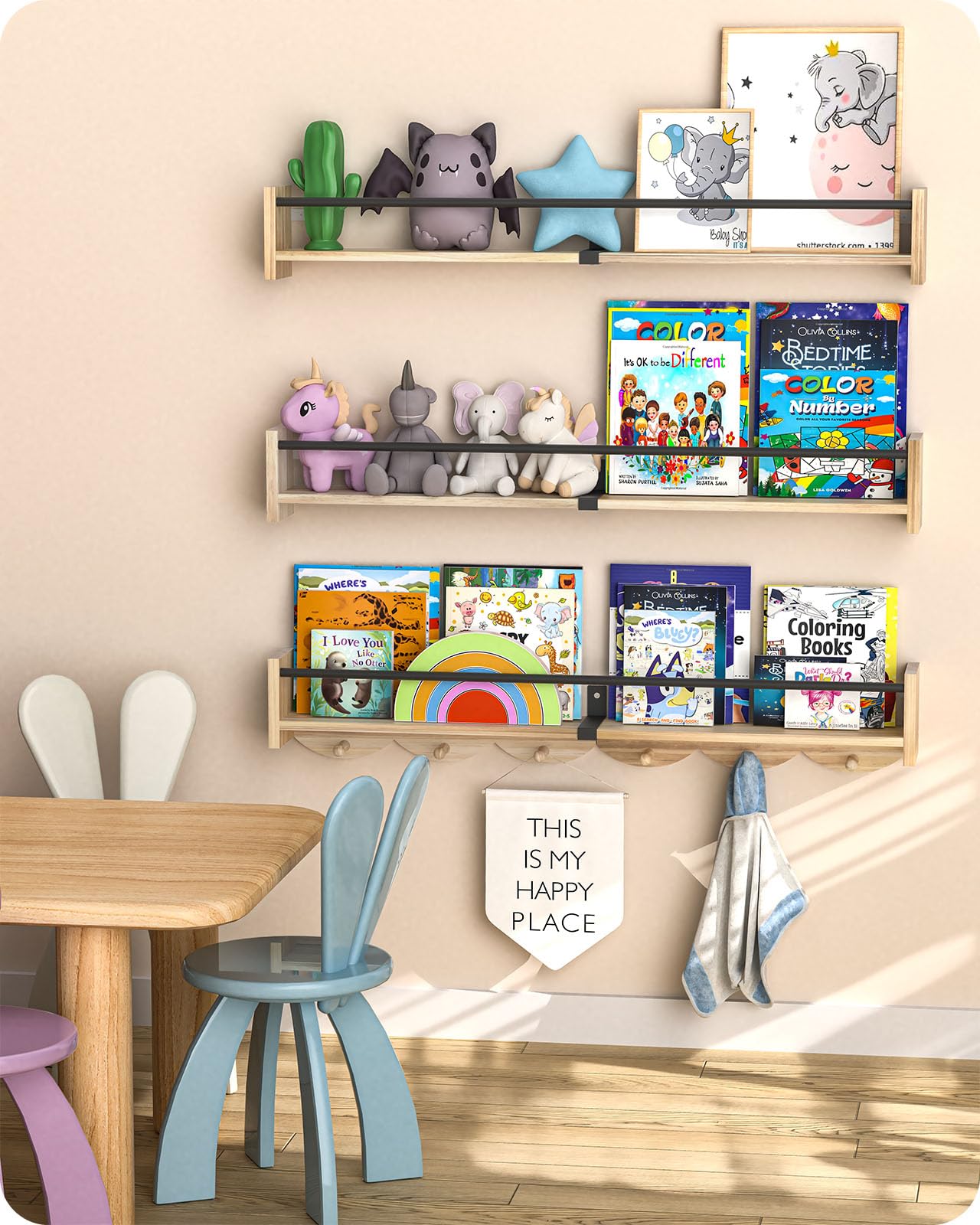 Book Shelf for Kids Rooms, Nursery Book Shelves, 33.5 inch Floating Book Shelves for Wall Set of 3 Great for Living Room, Kids Room, Bedroom.