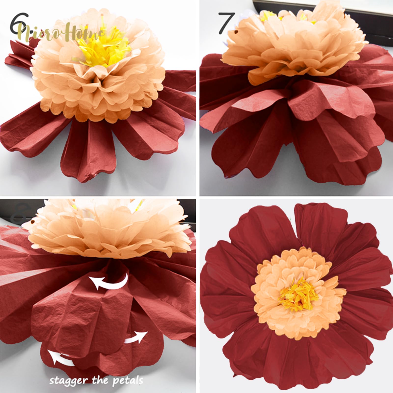 NICROHOME Fall Decorations, 6 PCS Large Dark Red and Orange Crepe Paper Flowers Pom Poms Wall Decorations for Halloween Thanksgiving Retro Rustic Bridal Shower Cutie Baby Shower Holiday Party Supplies