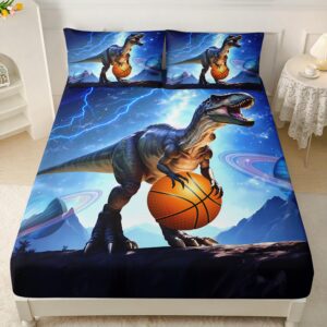 ailonen boys dinosaur fitted sheet set twin xl size, sport dunk basketball dinosaur bed sheet set for kids teens,3-piece lightning galaxy starry dinosaur blue fitted sheet set with 2 pillowcases