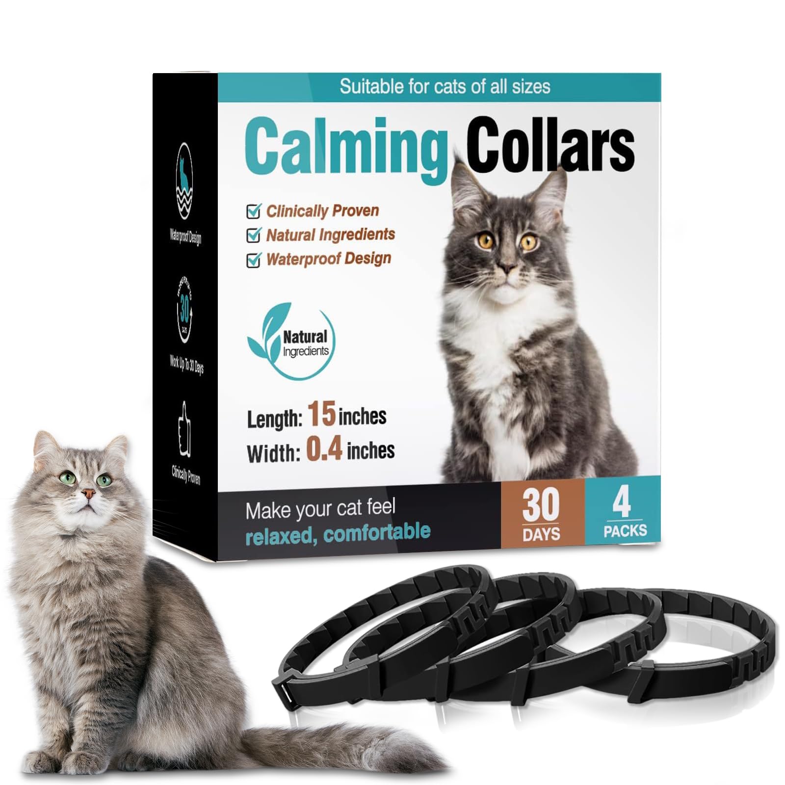 Calming Collar for Cats, 4 Pack Calming Cat Collars, Pheromone Collar for Cats, Cat Anti Anxiety Relief for 30 Days, Natural Scent Adjustable Appeasing Calm Kittens Kitty Collar for All Cats (Black)