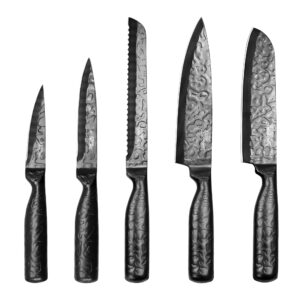 vvwgkpk kitchen knife set, 5pcs black knife set with with ergonomic handle, high carbon stainless steel hammered collection knives for multipurpose cooking, chef knife with gift box