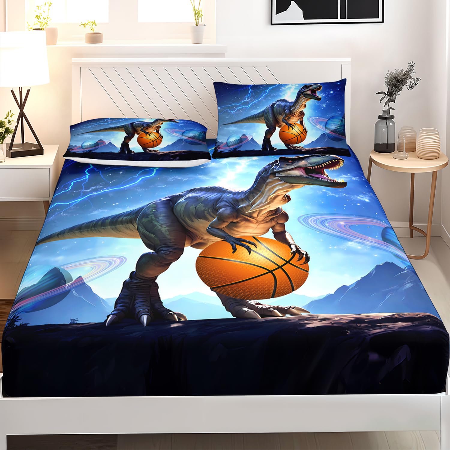 AILONEN Boys Dinosaur Fitted Sheet Set Twin XL Size, Sport Dunk Basketball Dinosaur Bed Sheet Set for Kids Teens,3-Piece Lightning Galaxy Starry Dinosaur Blue Fitted Sheet Set with 2 Pillowcases