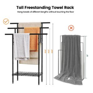 Memobarco 44" Tall Standing Towel Racks for Bathroom, 3 Tier Towel Rack with Basket, Outdoor Towel Rackr Organizer, Metal Pool Towel Rack Freestanding, Bedroom, Living Room, Black