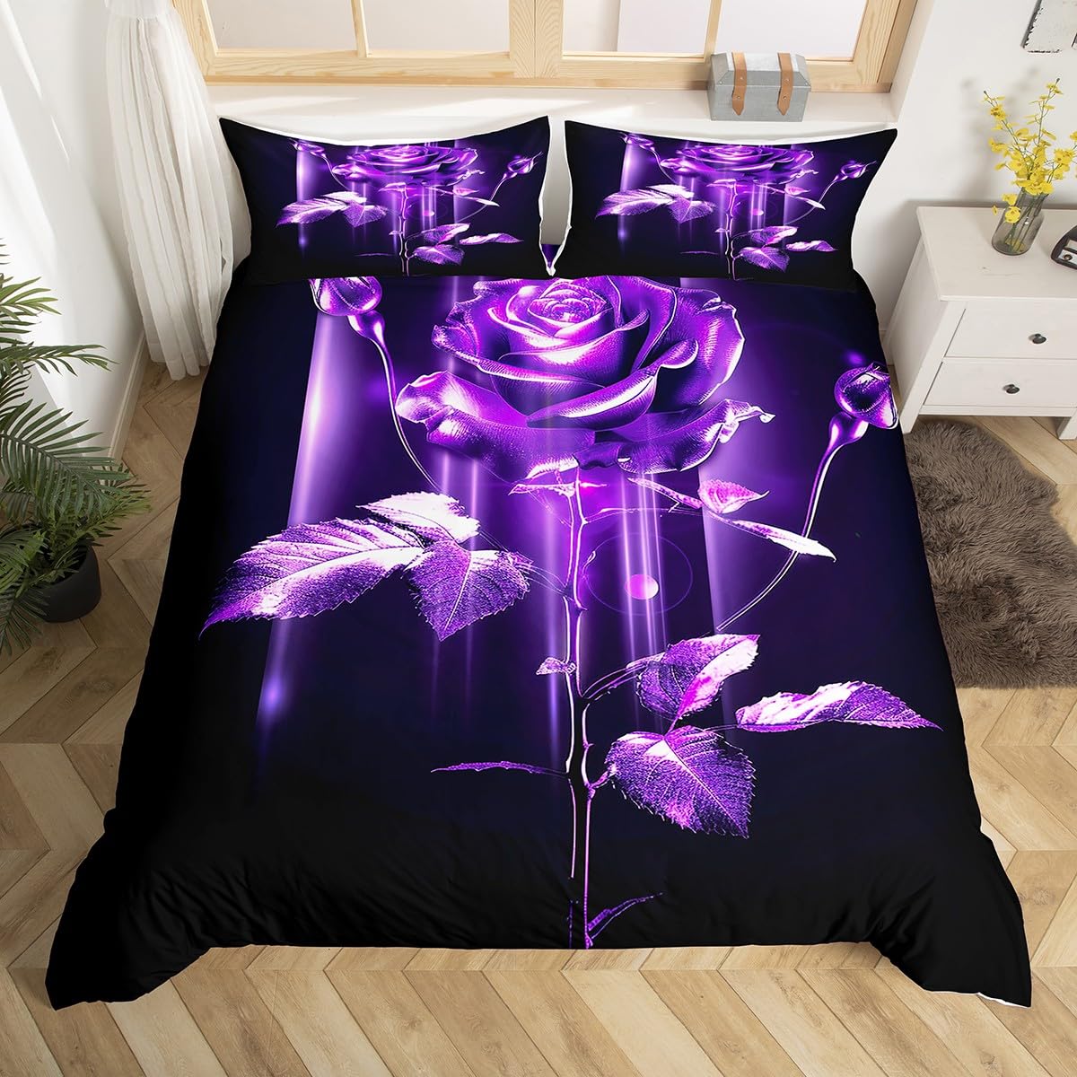 Feelyou Purple Rose Duvet Cover Twin Garden Flower for Kids Boys Girls Comforter Cover Ombre Striped Bedding Set Valentine's Day Bedspread Cover Lightweight Bed Set with 1 Pillow Case (No Comforter)