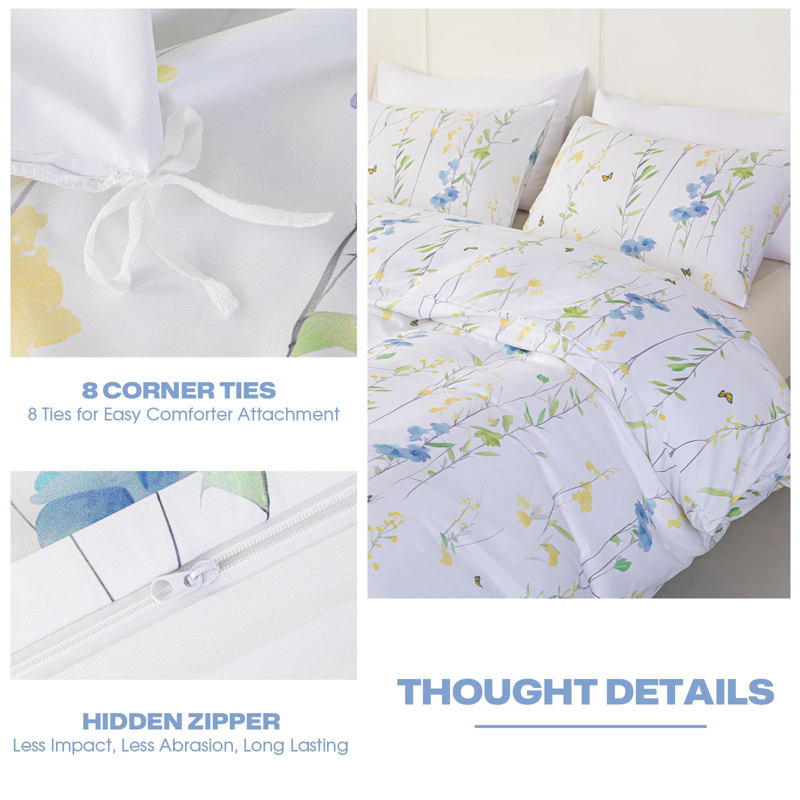 MIOTO California King White Duvet Cover, 3 Pieces Elegant Floral Duvet Cover Set with Zipper Closure, Soft & Breathable Bedding Set, 1 Duvet Cover with 8 Ties (104x98) and 2 Pillowcases (20x36)