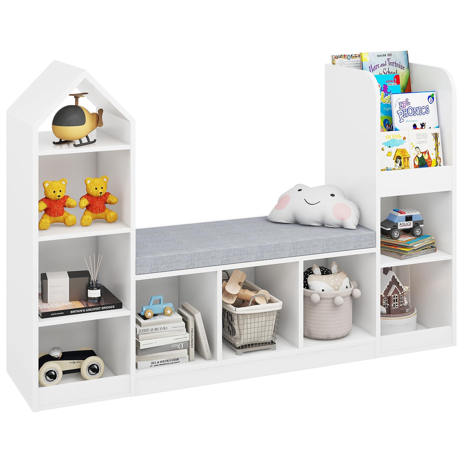 Halitaa Kids Bookcase and Bookshelf with Reading Nook, Toy Storage Organizer for Kids, White Bookcase with 9 Storage Cubbies and Seat Cushion for Kids Room, Playroom, Bedroom, White