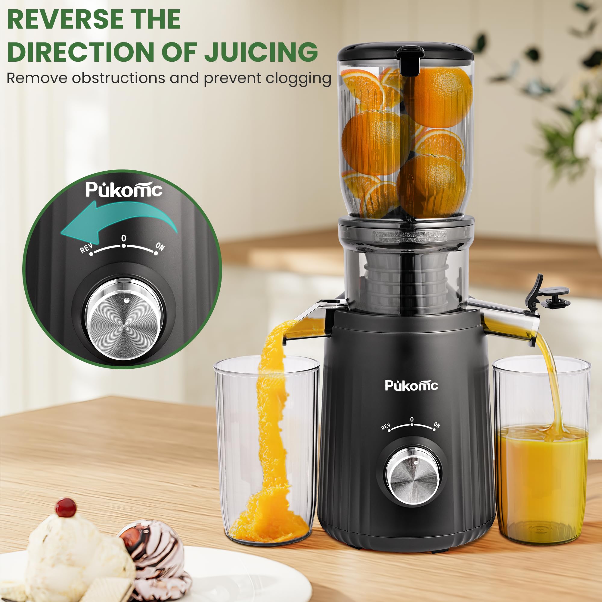 Pukomc Juicer Machines, Cold Press Juicer with 4.1'' Large Feed，Slow Masticating Machines Chute Fit Whole Vegetable And Fruit，High Juice Yield Juicer Easy to Clean