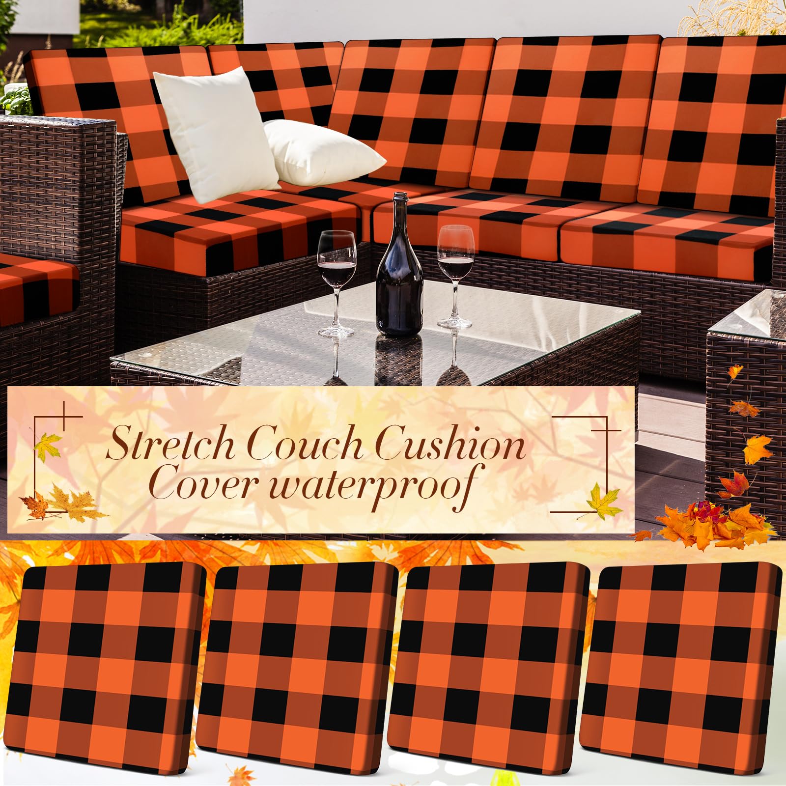 Newwiee Set of 8 Outdoor Stretch Cushion Cover Plaid Patio Chair Cushion Covers Replacement Furniture Cushions Couch Sofa Slipcovers Seat Cover Soft Flexibility Protector Washable(Orange and Black)