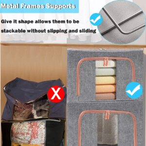 100L Large Storage Bags,Linen Stackable Clothes Storage Bins with Hold Shape Metal Frame,2 Opening Ways Fabric Visible Lidded Foldable Closet Organizers for Seasonal Clothing,Bedding (4, 100L)