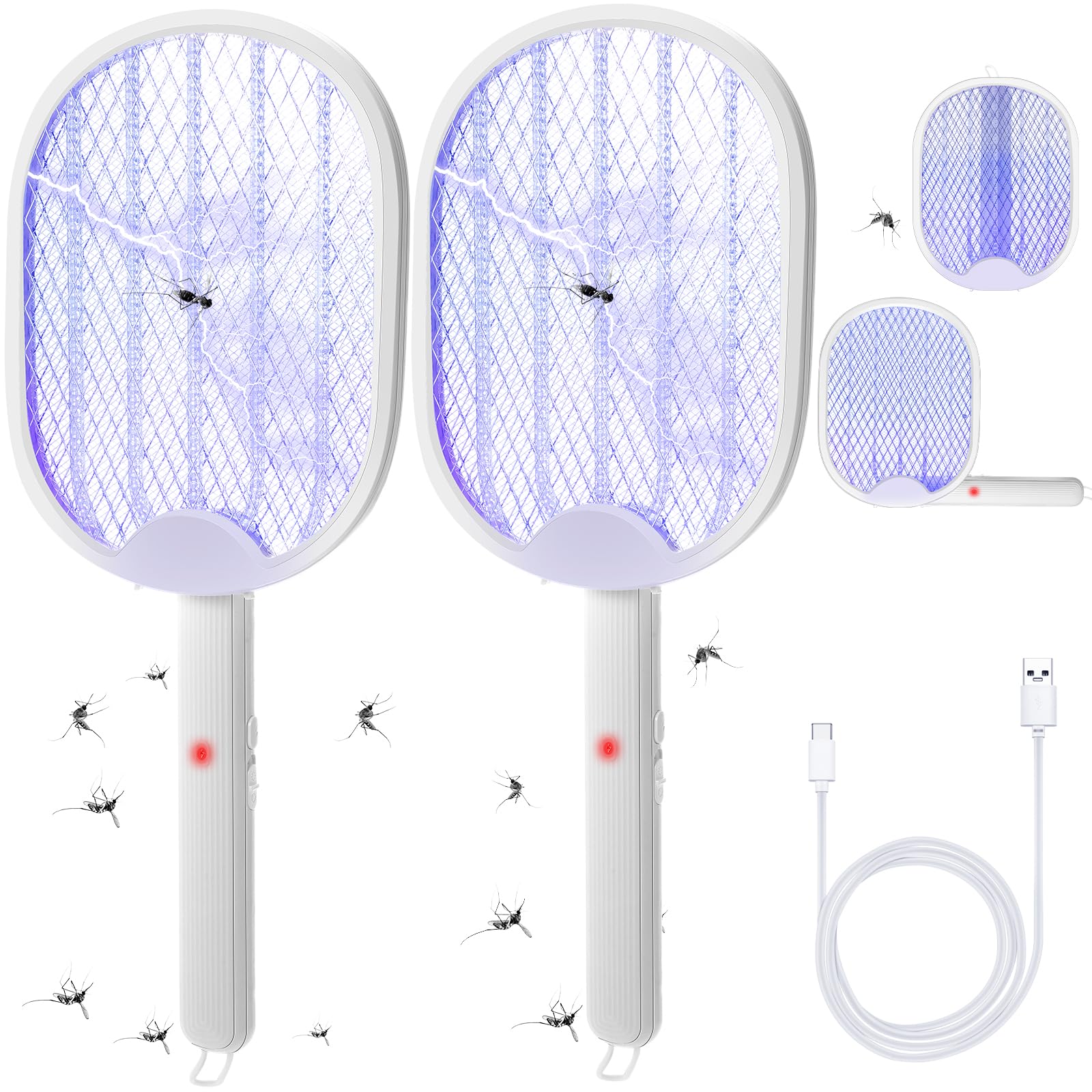 Qualirey 2 Pack 3 in 1 Electric Fly Swatter Foldable 3000V Handheld Mosquito Zapper with USB Rechargeable Base Bug Zapper Racket Fly Killer and Mosquito Trap Lamp Hanging Standing for Indoor Outdoor