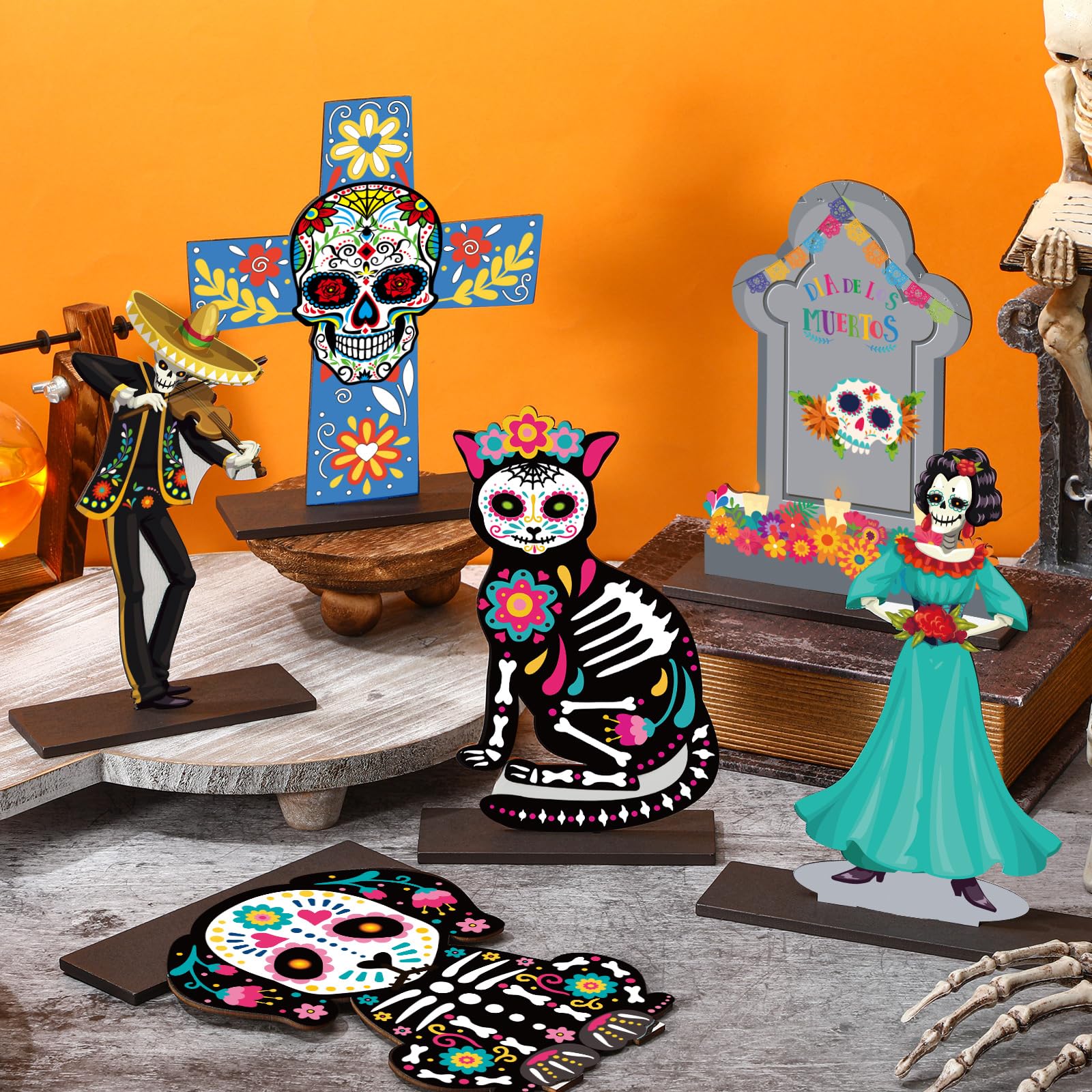 Amyhill 6 Pcs Day of The Dead Wooden Table Centerpiece Dia De Los Muertos Mexican Table Decorations Halloween Table Topper for Halloween Mexican Carnival Party Decoration Supplies