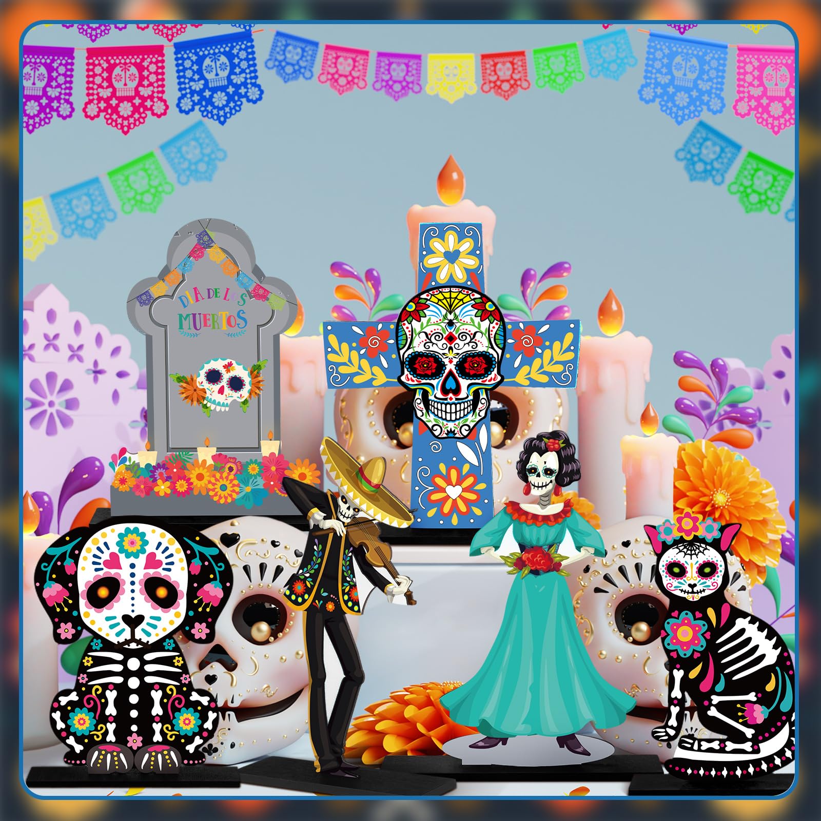 Amyhill 6 Pcs Day of The Dead Wooden Table Centerpiece Dia De Los Muertos Mexican Table Decorations Halloween Table Topper for Halloween Mexican Carnival Party Decoration Supplies