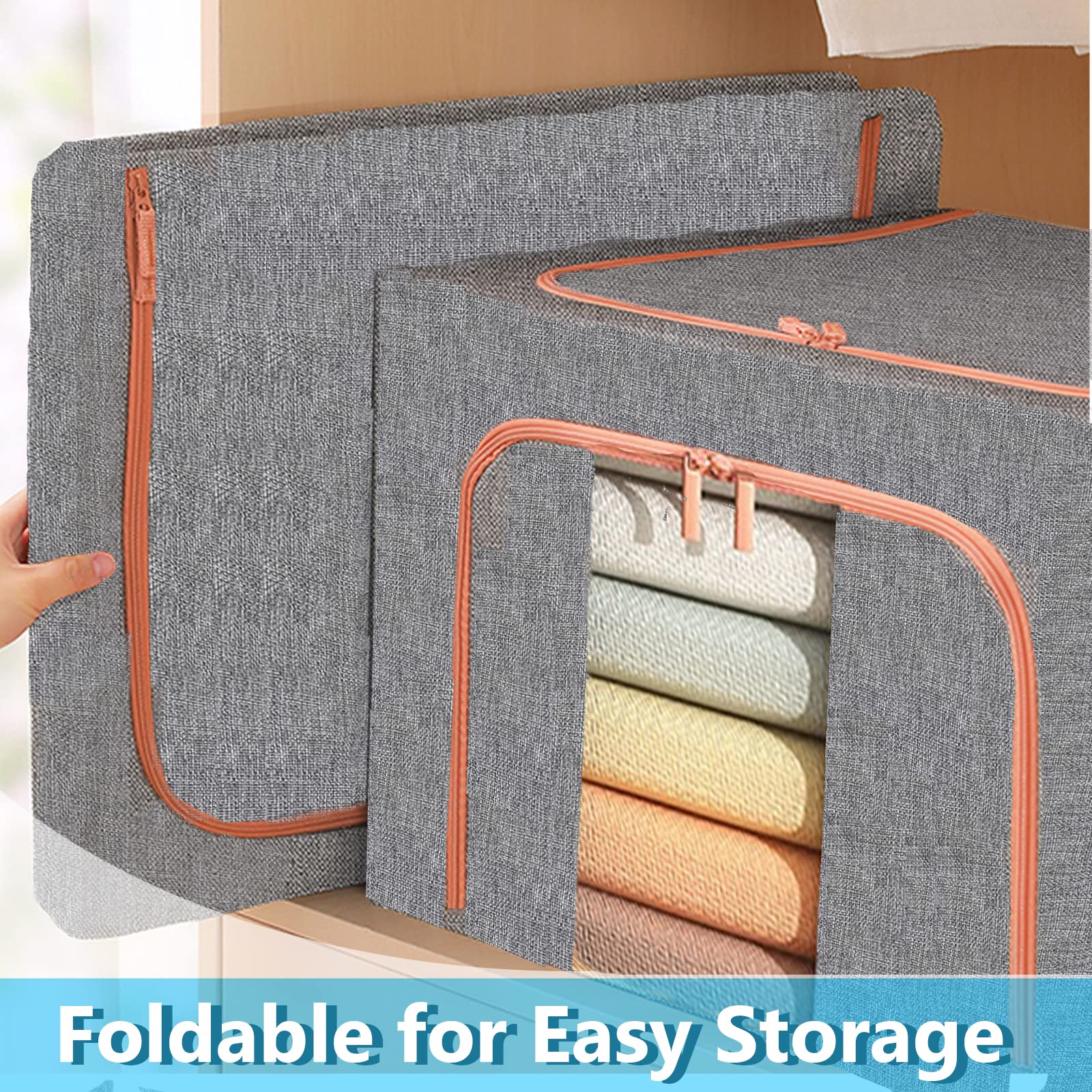 100L Large Storage Bags,Linen Stackable Clothes Storage Bins with Hold Shape Metal Frame,2 Opening Ways Fabric Visible Lidded Foldable Closet Organizers for Seasonal Clothing,Bedding (4, 100L)