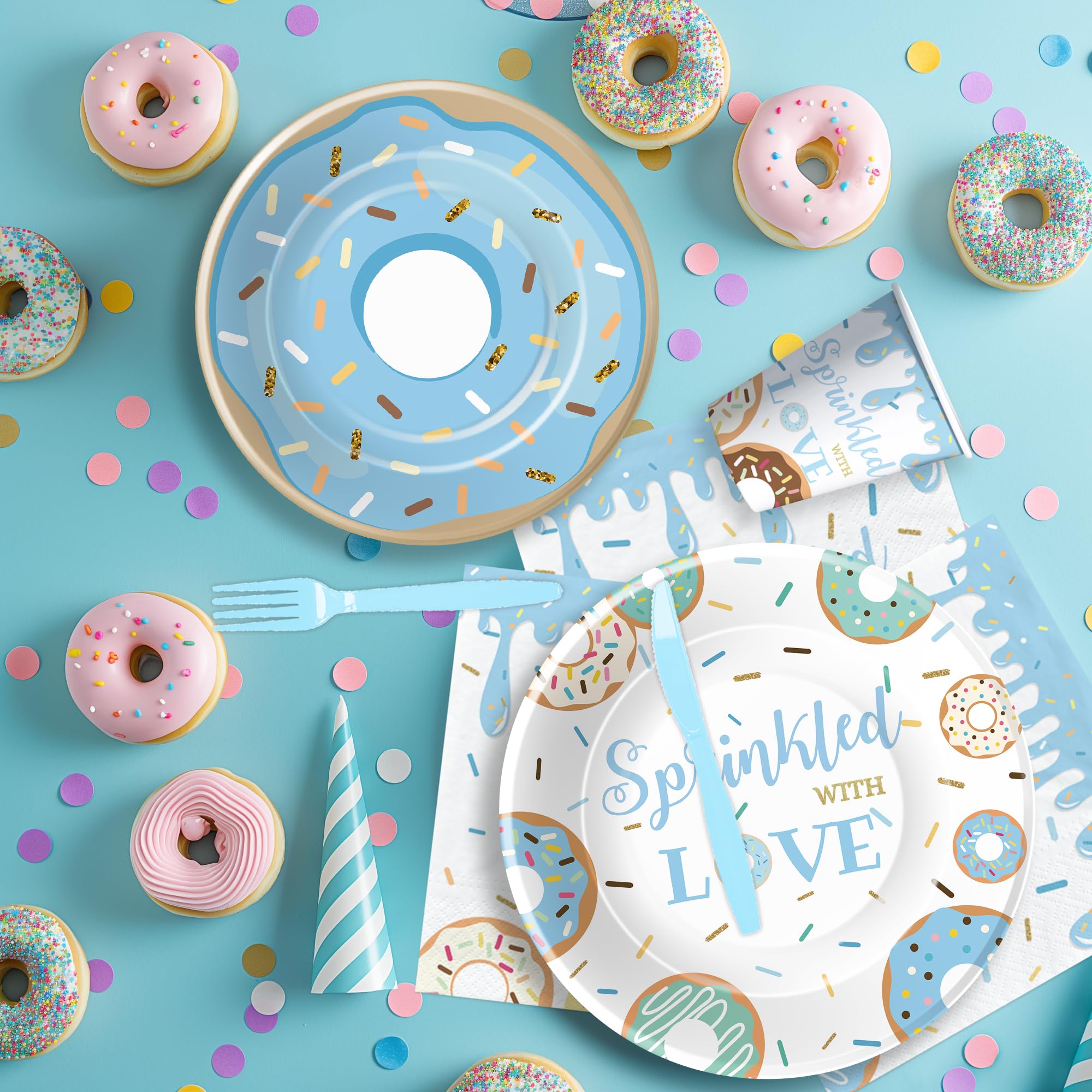 Suhelkit Donut Baby Sprinkle Decorations For Boy - Blue Sprinkled with Love Baby Shower Party Supplies, Plate, Napkin, Cup, Tablecloth, Cutlery, Donut Baby Shower Decorations Tableware, 24 Guests