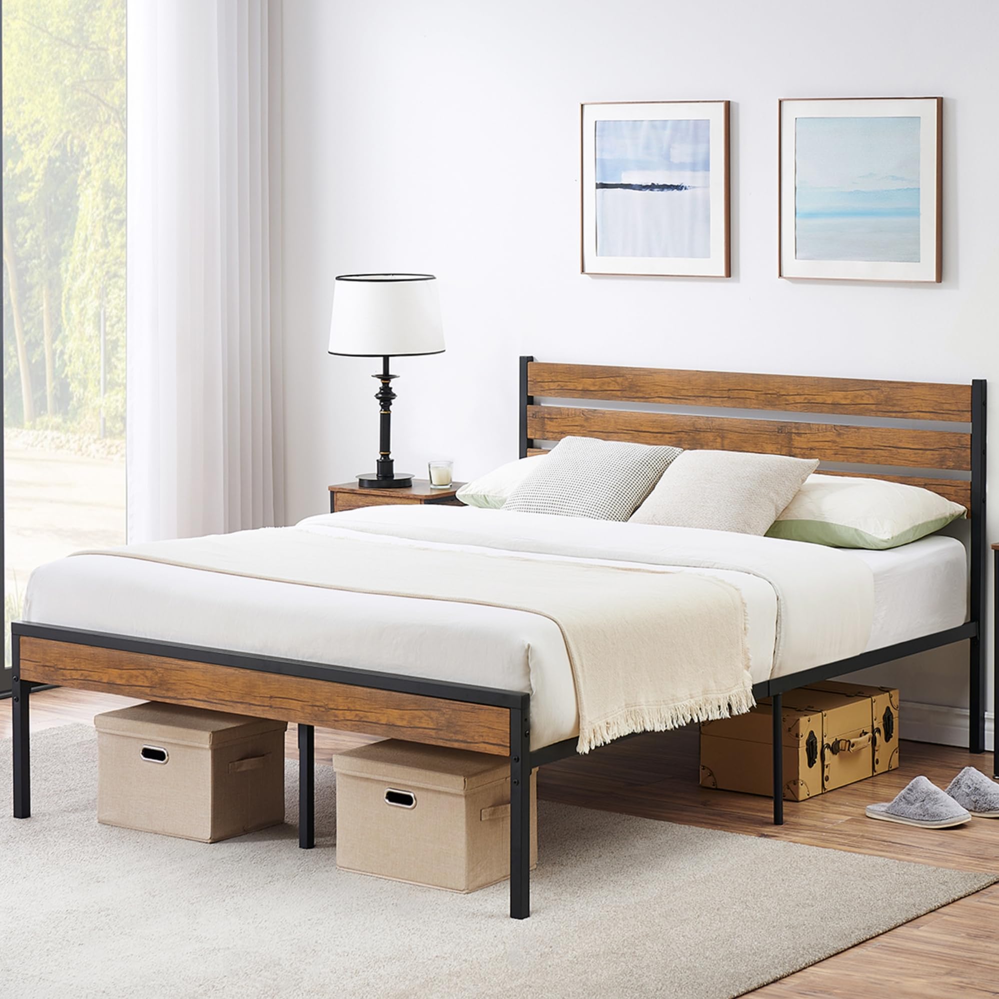 GarveeHome Full Size Bed Frame with Wood Headboard, Strong Wood Slats Support, Under Bed Storage, Noise-Free, No Box Spring Needed