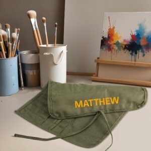 Personalized Paint Brush Holder for Artist, Customized Canvas Paint Brush with Name, Paint Brush Holders & Organizers for Acrylic Oil Watercolor Paint Brush Roll Pouch Holds 100 Brushes- Army Green