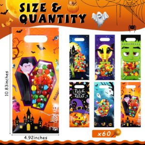 Pasimy 60 Pieces Halloween Treat Bags Plastic Halloween Candy Goodie Bags Bulk with Handle Witch Pumpkin Ghost Gift Bags for Halloween Trick or Treat Birthday Party Favor Supplies, 6 Design