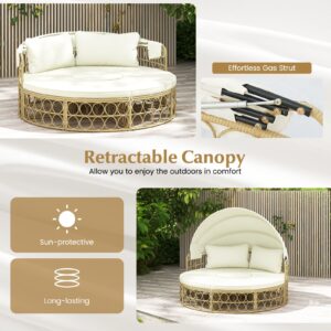 Tangkula Outdoor Patio Round Daybed with Retractable Canopy, Patiojoy PE Rattan Wicker Sectional Seating Furniture with Soft Cushions, for Patio, Garden, Backyard and Poolside (Off White)