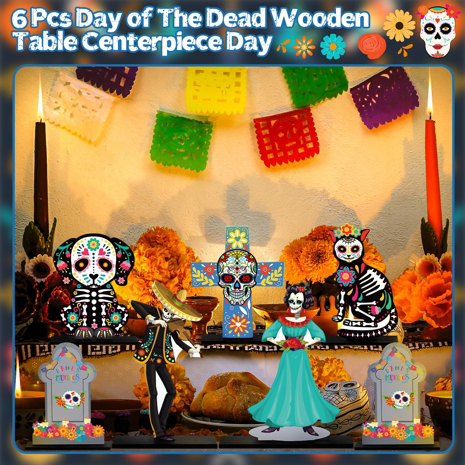 Amyhill 6 Pcs Day of The Dead Wooden Table Centerpiece Dia De Los Muertos Mexican Table Decorations Halloween Table Topper for Halloween Mexican Carnival Party Decoration Supplies