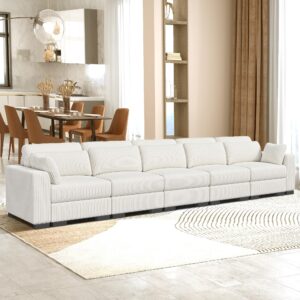 WeaArco 161" Modular Sectional Couch, Cloud Couch Sectional 5 Seater, Corduroy Sectional Sofa with 7 Pillows, 5 Seater Reversable Sectional Couch for Modern Living Room Bedroom Apartment Office, Beige