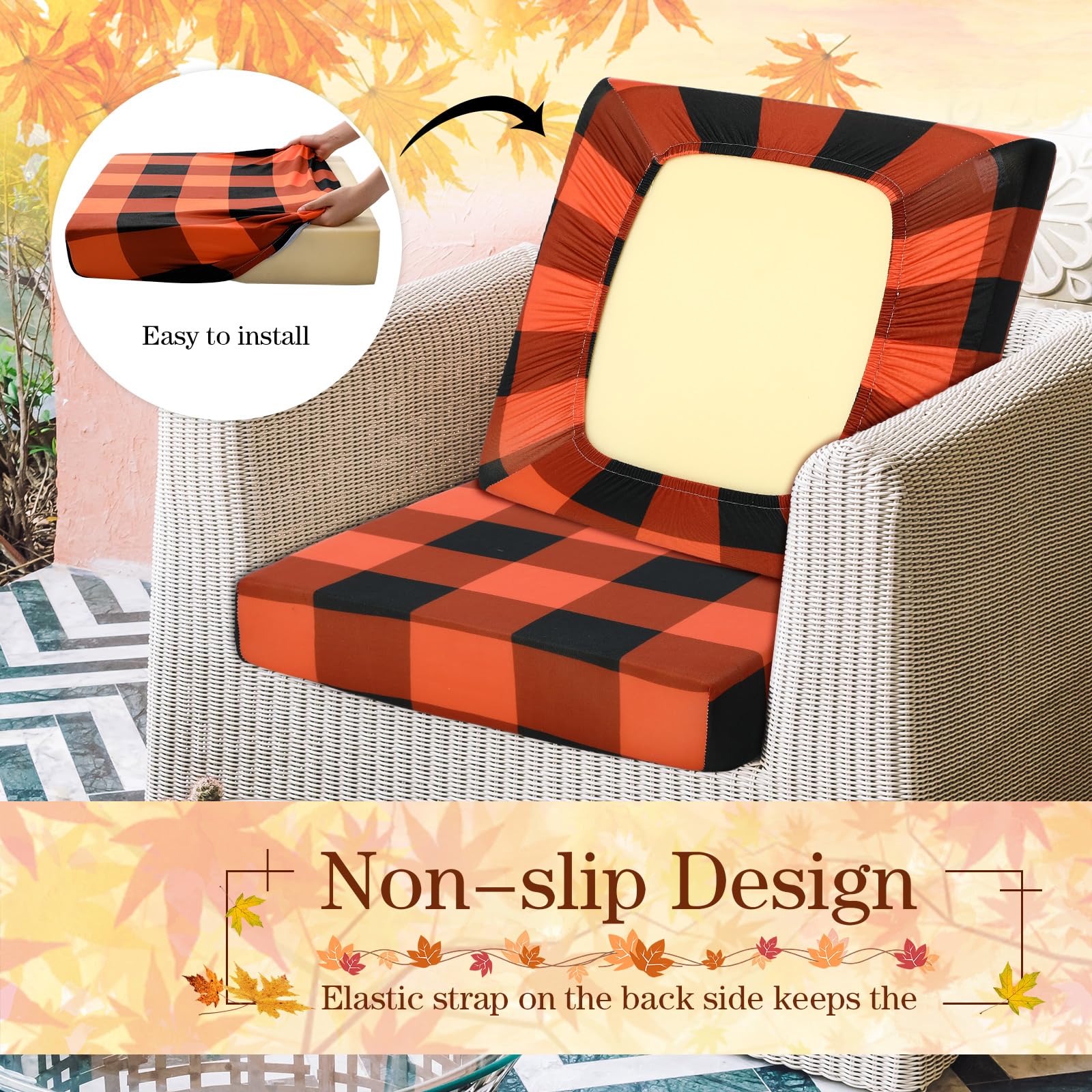 Newwiee Set of 8 Outdoor Stretch Cushion Cover Plaid Patio Chair Cushion Covers Replacement Furniture Cushions Couch Sofa Slipcovers Seat Cover Soft Flexibility Protector Washable(Orange and Black)