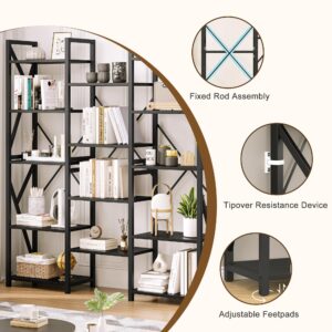 GAOMON Bookcases and Bookshelves Triple Wide 5 Tiers Bookshelf, Rustic Industrial Book Case with 14 Open Display Shelves, Wide Tall Bookcase for Bedroom, Living Room and Home Office-Black